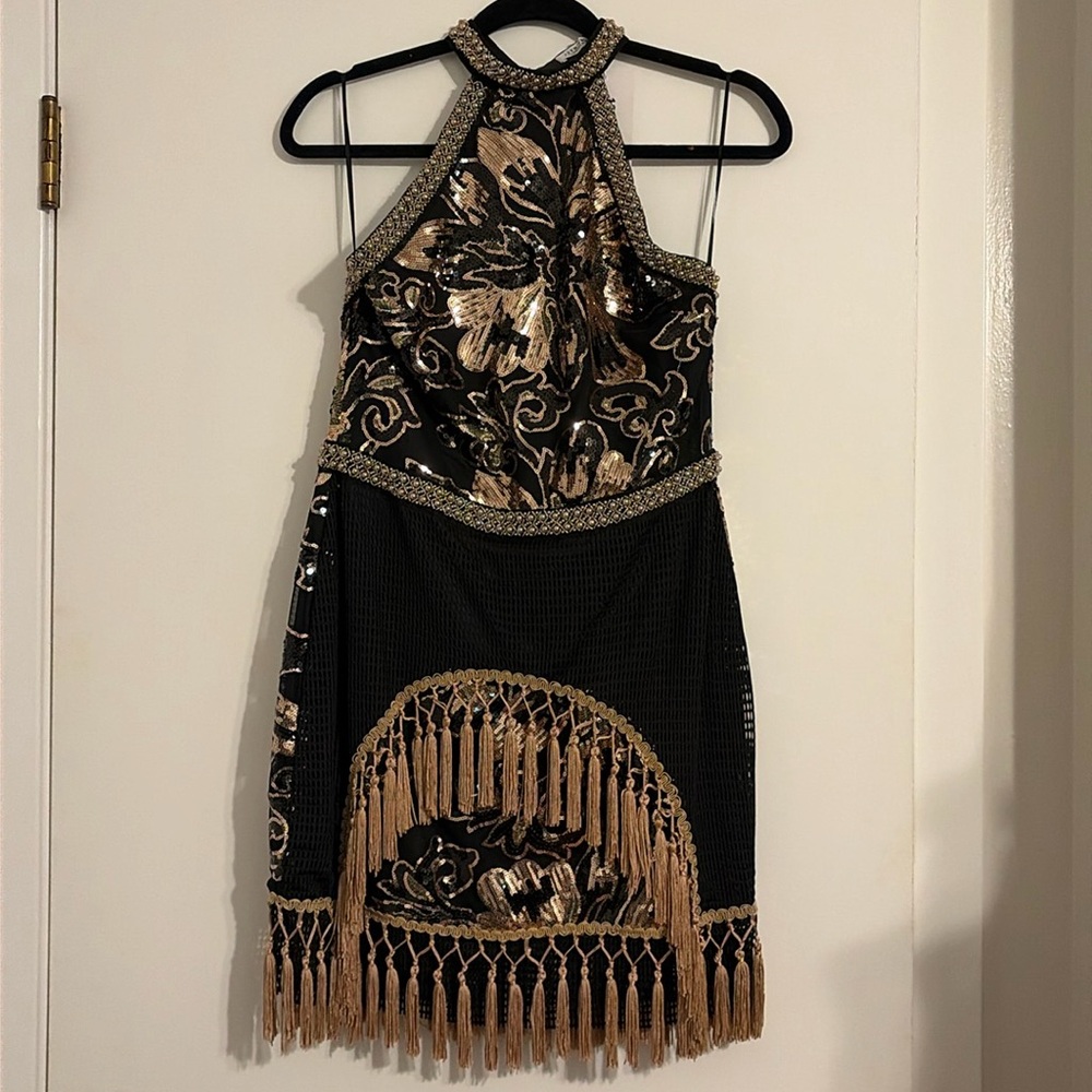 12th Tribe Black & Gold Beaded Cocktail Dress
